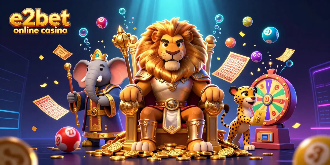 Experience the excitement at e2bet online casino with a dynamic scene of a lion king, elephant advisor, and cheetah messenger.