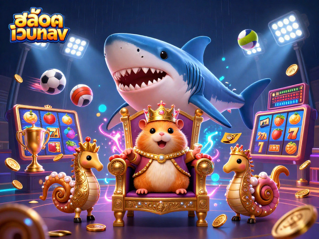 Experience สล็อตเว็บตรง with a dynamic scene featuring a hamster king, slot reels, and sports elements.