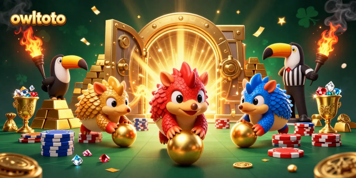 Join the exciting world of owltoto as rival pangolins roll into golden balls amidst floating poker chips.