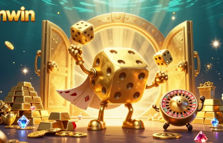 Engage with Sunwin's vibrant golden dice golem and casino treasures in a dynamic 3D scene.