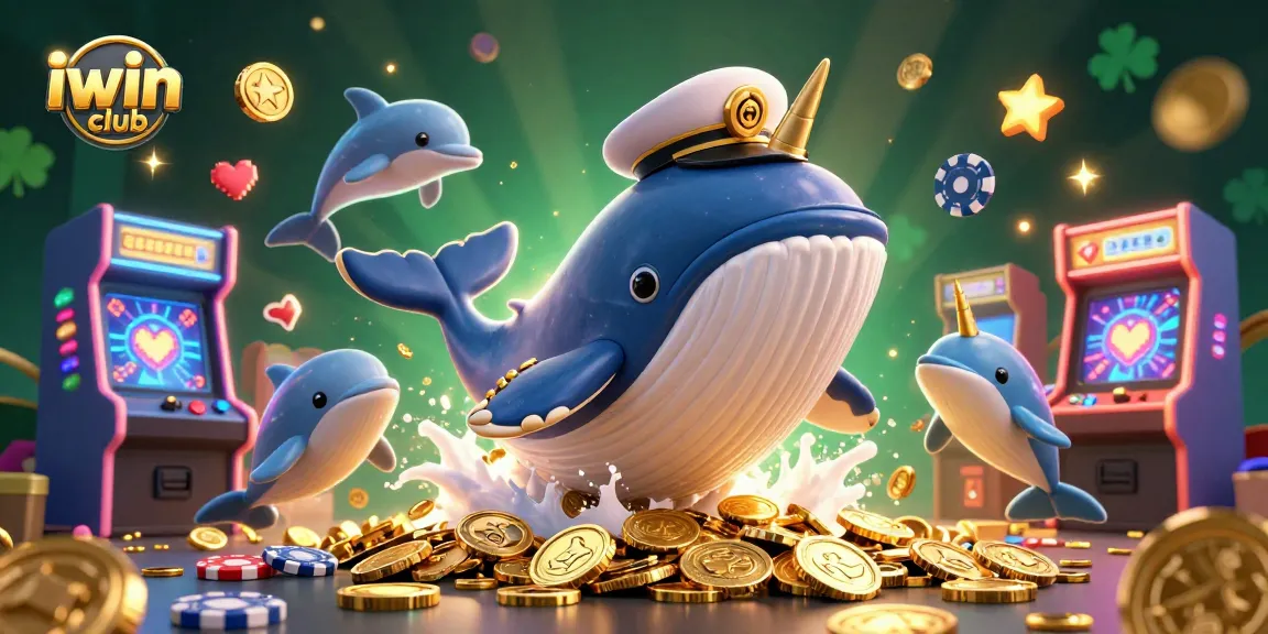Engage with iwin club through an exciting 3D illustration featuring a whale, narwhal, and dolphins amidst vibrant casino elements.