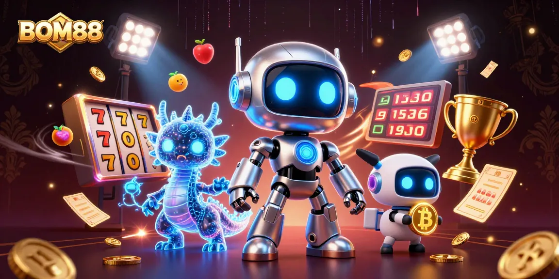 BOM88 promotes exciting slot gameplay with vibrant designs and dynamic casino elements in a 3D illustration.