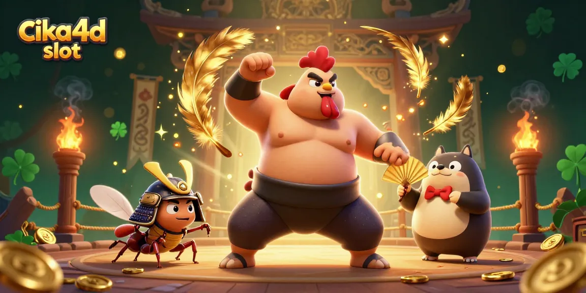 Experience the excitement of cika4d slot as a powerful rooster sumo wrestler stomps through a casino battle arena.