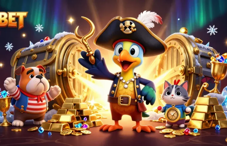 Experience thrilling gaming action at SHBET with vibrant pirate-themed characters among gleaming treasures.