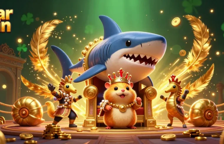 Engage in thrilling moments with the golden hamster king at yaar win, surrounded by seahorse guards and rich casino elements.