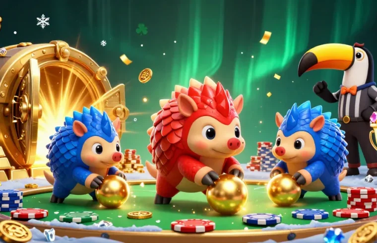 Engage with thrilling games at Jai club, featuring colorful pangolins bowling through poker chips amid shimmering treasures.
