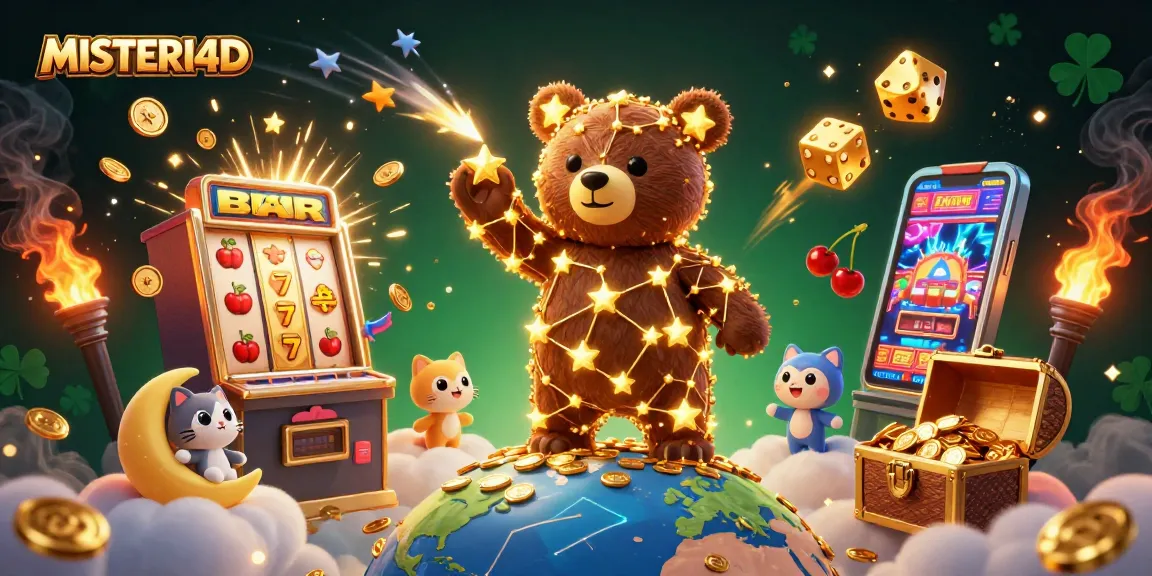 MISTERI4D showcases an exciting scene with a constellation bear, slot machine, and casino elements in a vibrant digital illustration.