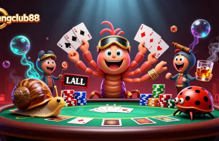 Engaging scene showcasing menangclub88 with a cartoon millipede dealer, high roller snail, and pill bug excitement.