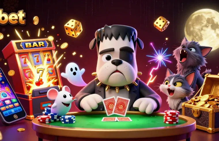 Experience thrilling games at 1x bet with a lively atmosphere featuring casino characters and elements.