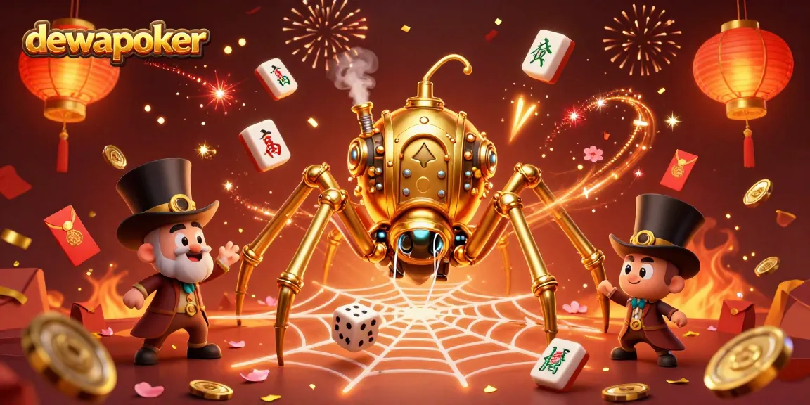 Dewapoker menampilkan ilustrasi kasino dengan laba-laba steampunk dan elemen permainan, menciptakan suasana yang menarik