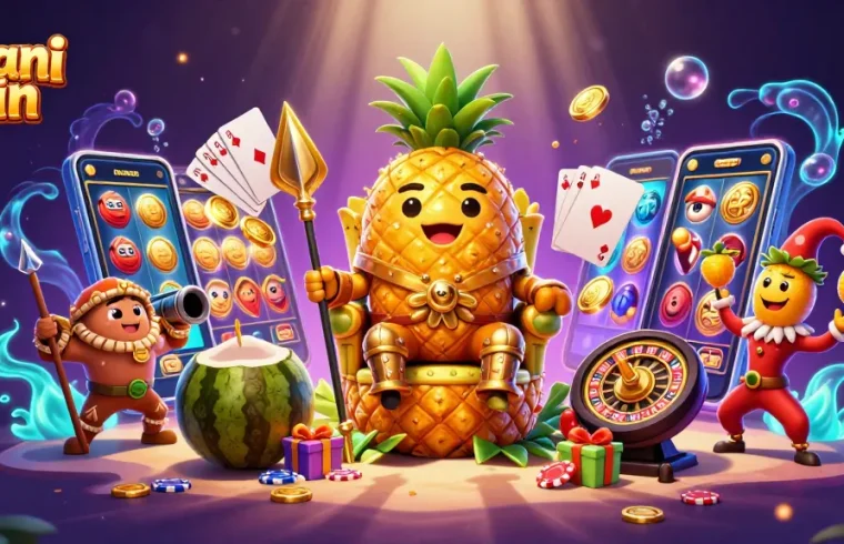 Dhani win's golden pineapple king leads a vibrant casino scene packed with slot and card game excitement.