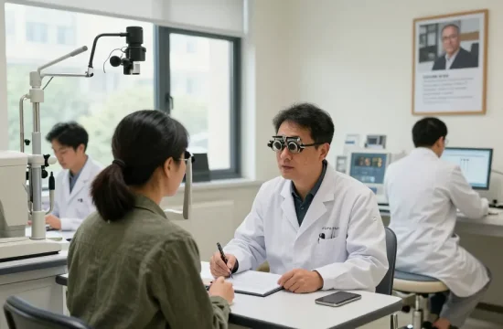 Patient consulting ophthalmologist at SNU Eye Clinic, read read open about advanced vision correction.
