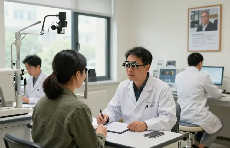 Patient consulting ophthalmologist at SNU Eye Clinic, read read open about advanced vision correction.