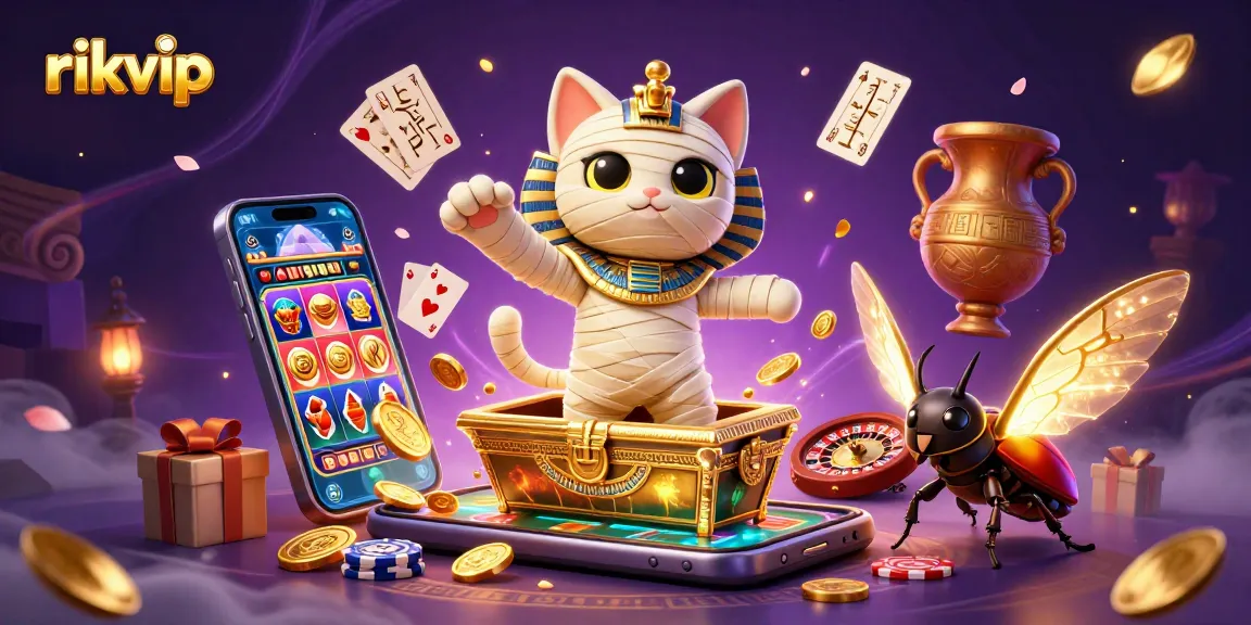Experience the magic of rikvip with a vibrant scene of an Egyptian mummy cat and a scarab in a dynamic casino atmosphere.