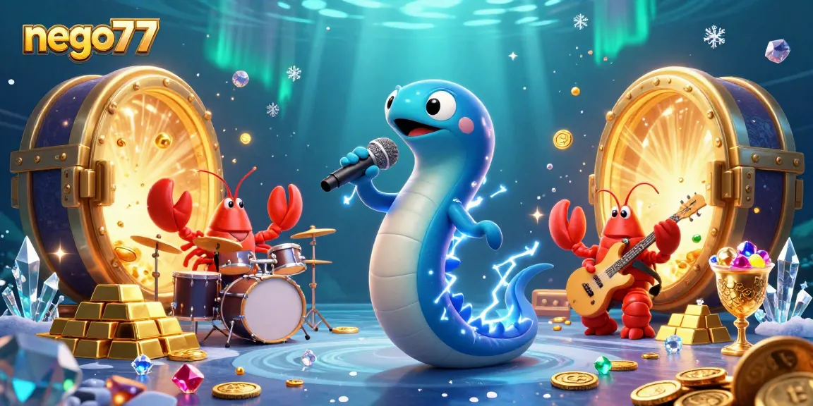 Bet on excitement with nego77 as an electric eel DJ rocks an underwater casino stage filled with treasures.