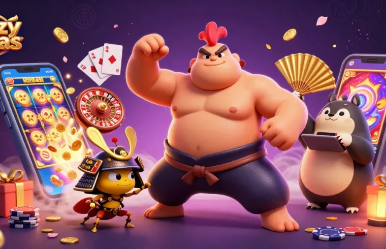 Crazyvegas showcases a dynamic scene with a powerful sumo rooster, samurai cricket, and tanuki announcer amidst vibrant casino elements.