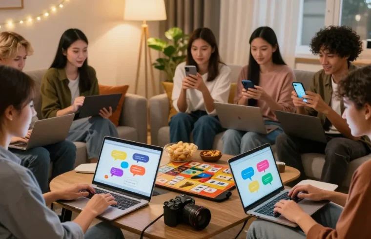 Engaging scene of شات تعب users chatting in a cozy living room, lively discussions on laptops and smartphones.
