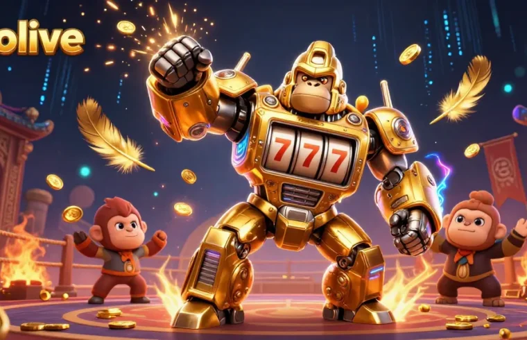 Socolive showcases an action-packed scene with a golden gorilla mech symbolizing dynamic sports betting.