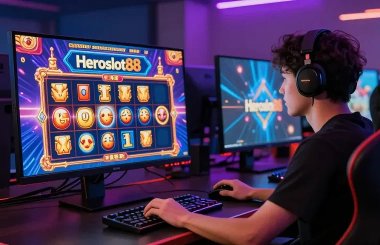 Pengguna bermain slot online di Heroslot88 dengan suasana gaming yang menyenangkan dan logo terlihat jelas.