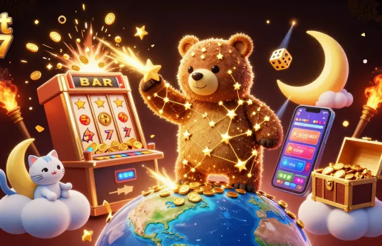 Experience thrills with slot 777 as the bear collects coins in a vibrant casino scene.