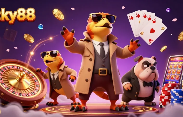 Engage with lucky88 by stepping into a whimsical VIP casino scene featuring raptors and a bulldog bouncer.