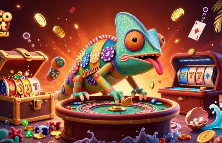 Catch thrilling wins on toto slot macau with vibrant slots and a chameleon casino owner amidst exciting game elements.