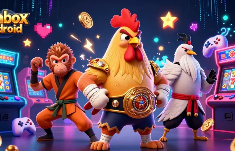 Experience the thrill of Winbox Android with a dynamic scene featuring colorful characters and casino elements.