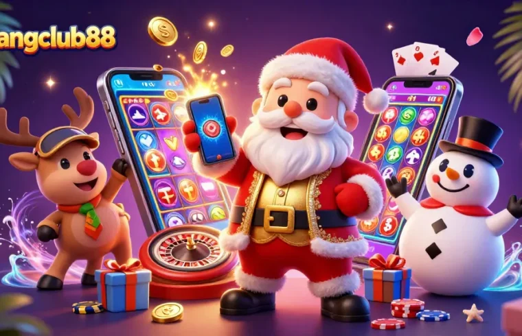 Win big with menangclub88 as Santa, a reindeer dealer, and a poker chip snowman celebrate in this 3D casino scene.