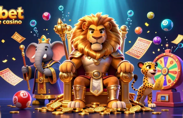 Experience the excitement at e2bet online casino with a dynamic scene of a lion king, elephant advisor, and cheetah messenger.